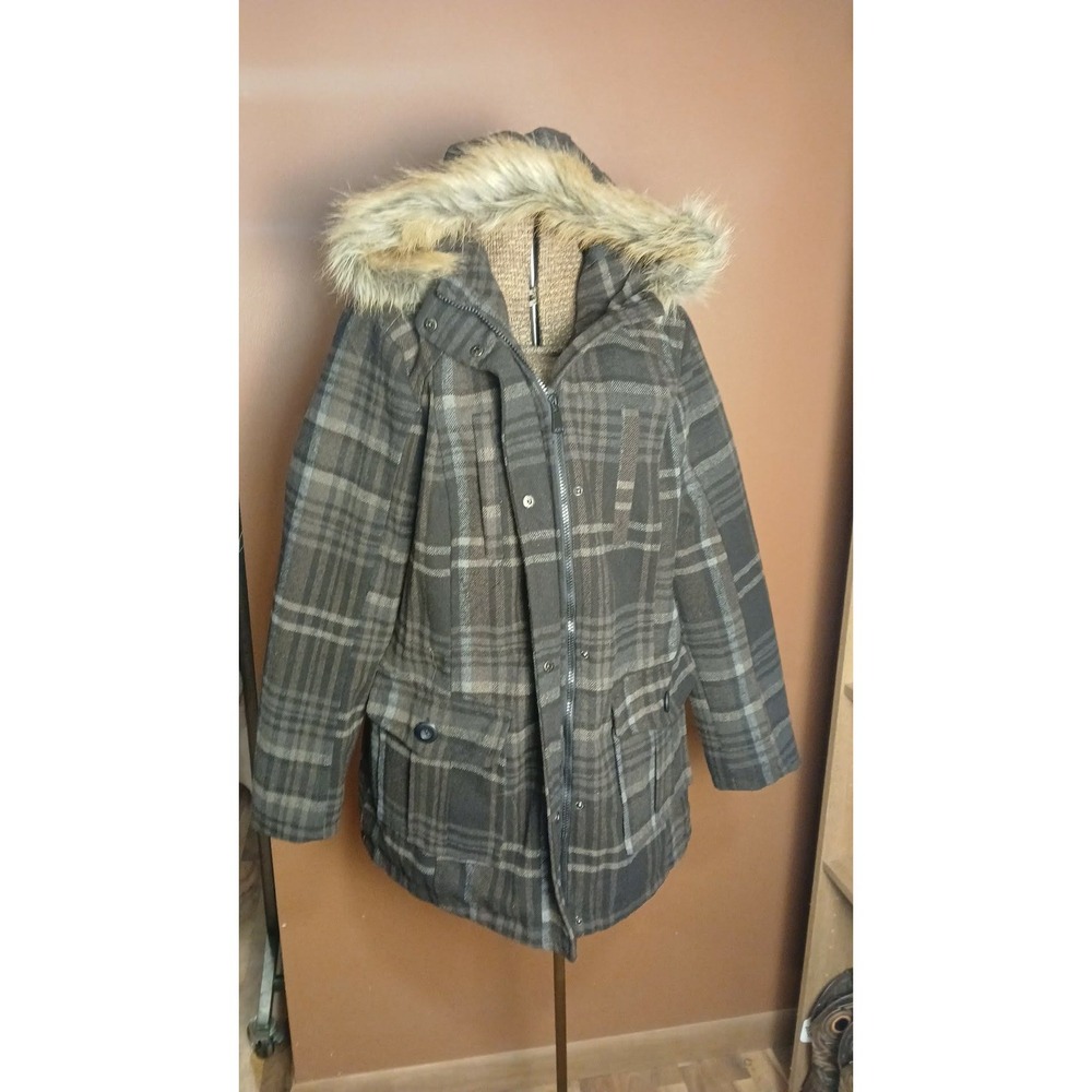Urban Republic Womens Brown Plaid Faux Fur Hooded Parka Jacket Large C2